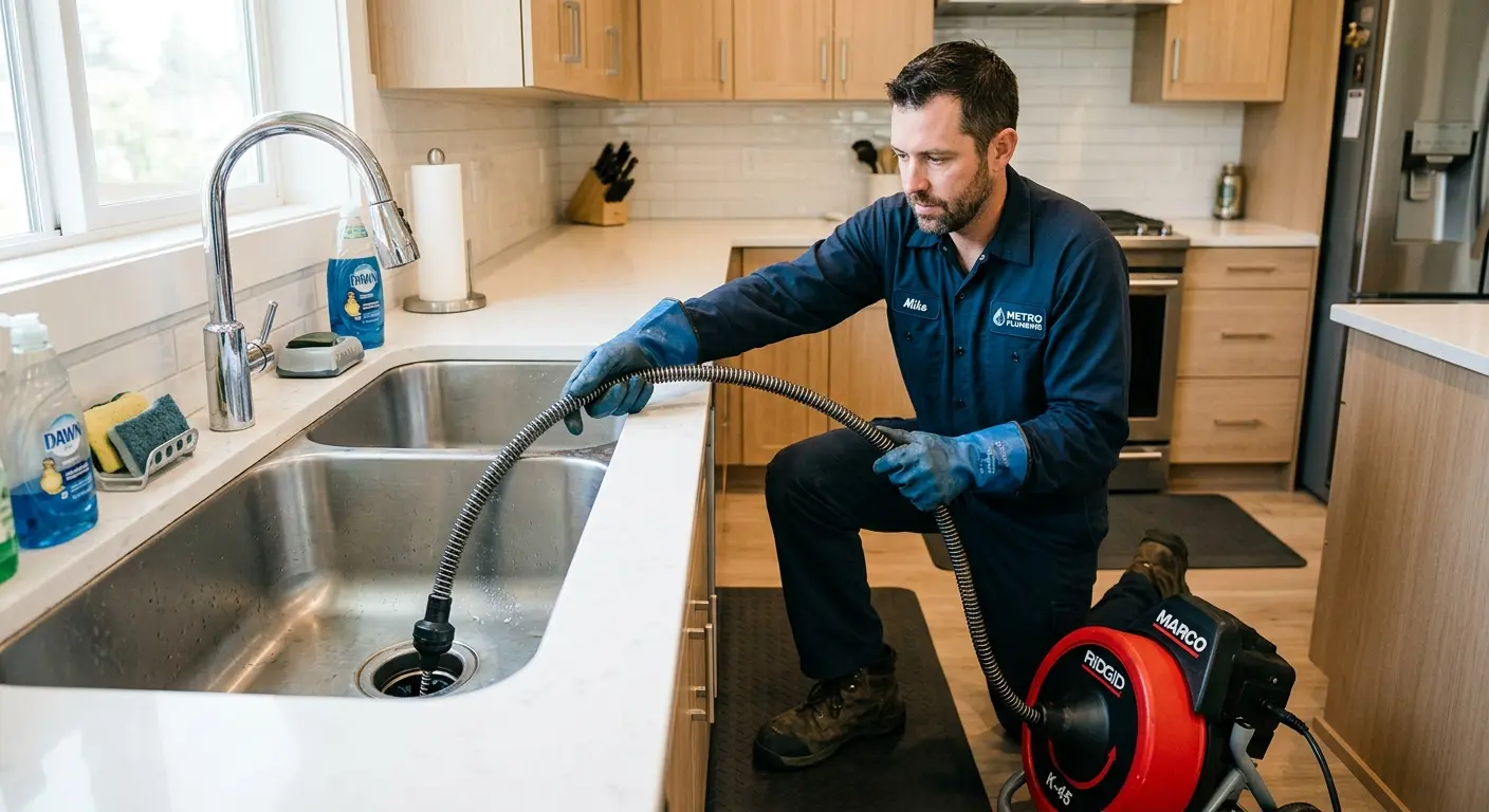 Drain cleaning technician using a motorized snake on a kitchen sink in Colonial Heights
