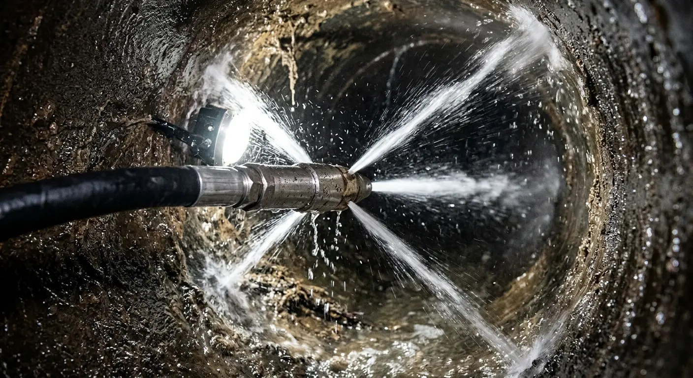 High-pressure hydro jetting nozzle cleaning sewer pipe for Trenchless Sewer Repair in Colonial Heights