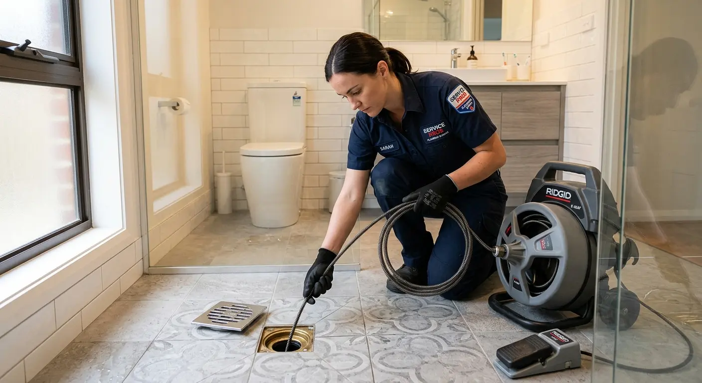 Technician clearing a bathroom floor drain for Sewer Line Installation in Colonial Heights